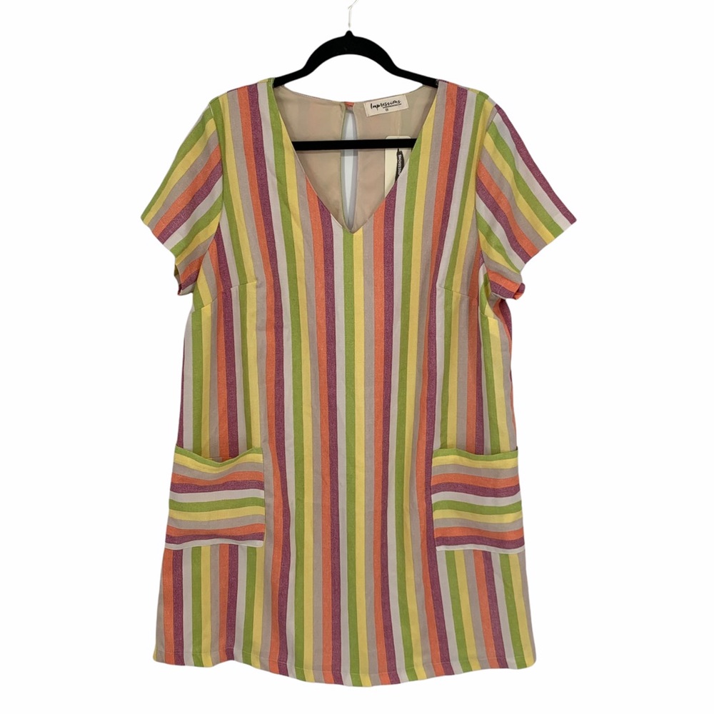 Impressions Multicolored Stripe Pocket Front V-Neck Dress Size 1X